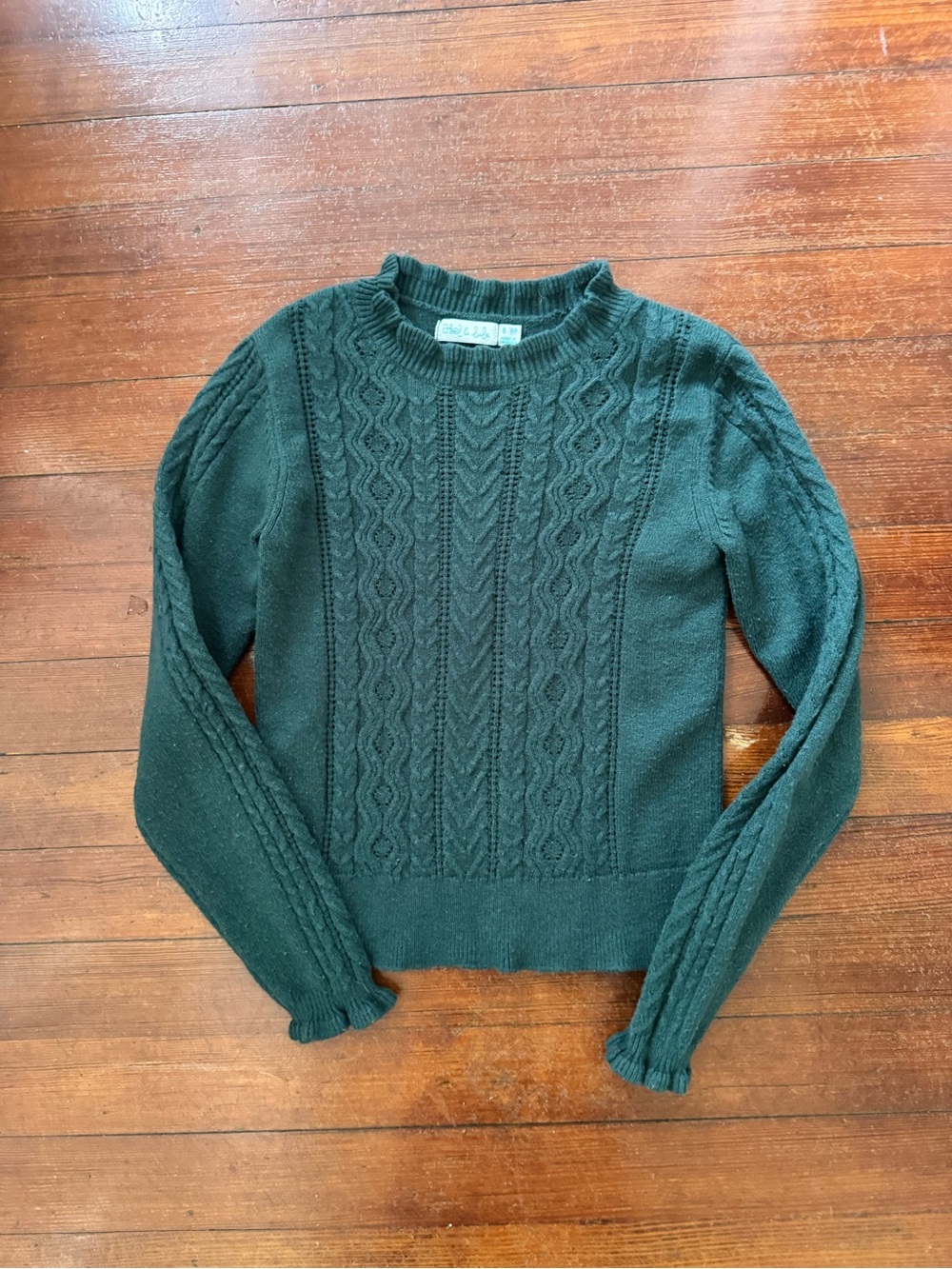 Girls' Cable Knit Crew Sweater in Dark Green